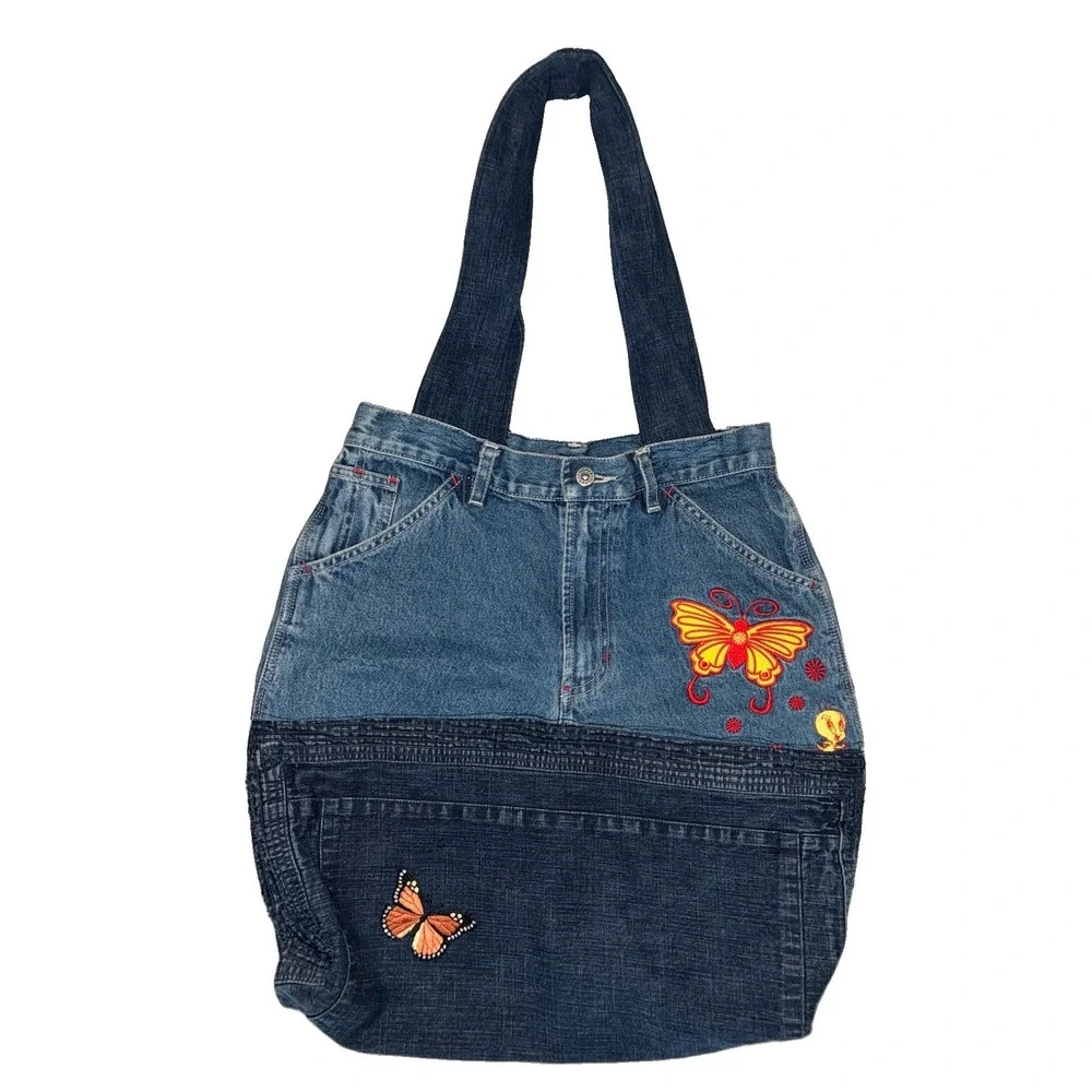Vintage Reworked Denim Bag Looney Tunes Butterfly Up-cycled Handmade 20x16